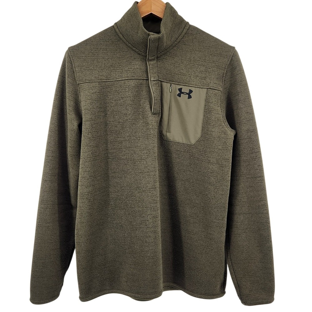 Under Armour T Snap Fleece Pullover Mens L Olive Green Mock Neck Loose Fit